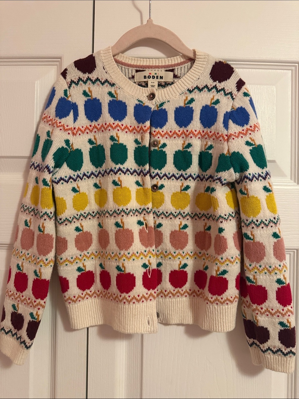 Boden Girls Size 5-6 Cream Cardigan with Multicolor Apple Motif
